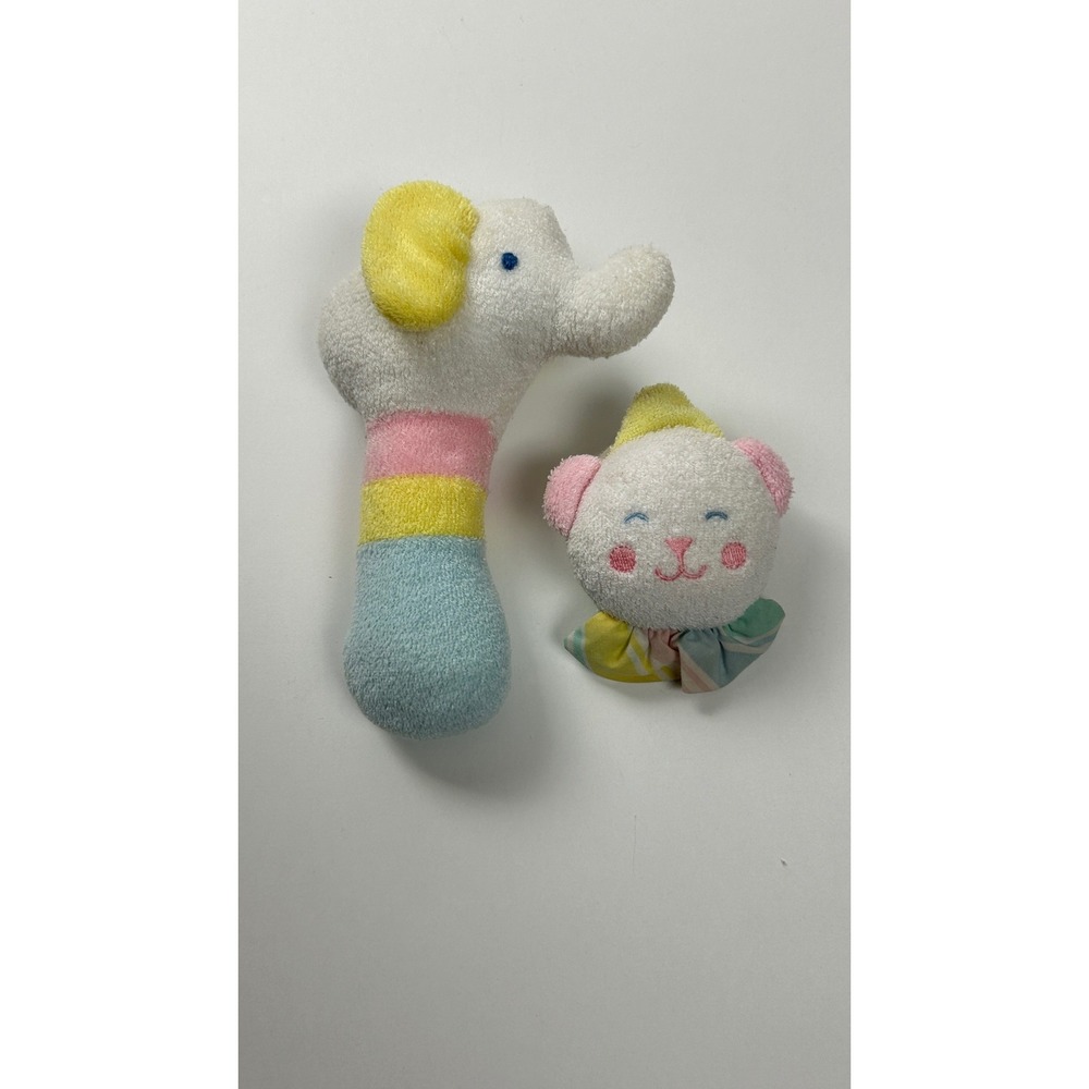 Vintage Eden Terry Cloth Lot Pastel Clown Baby Wrist and Elephant‎ Baby Rattles